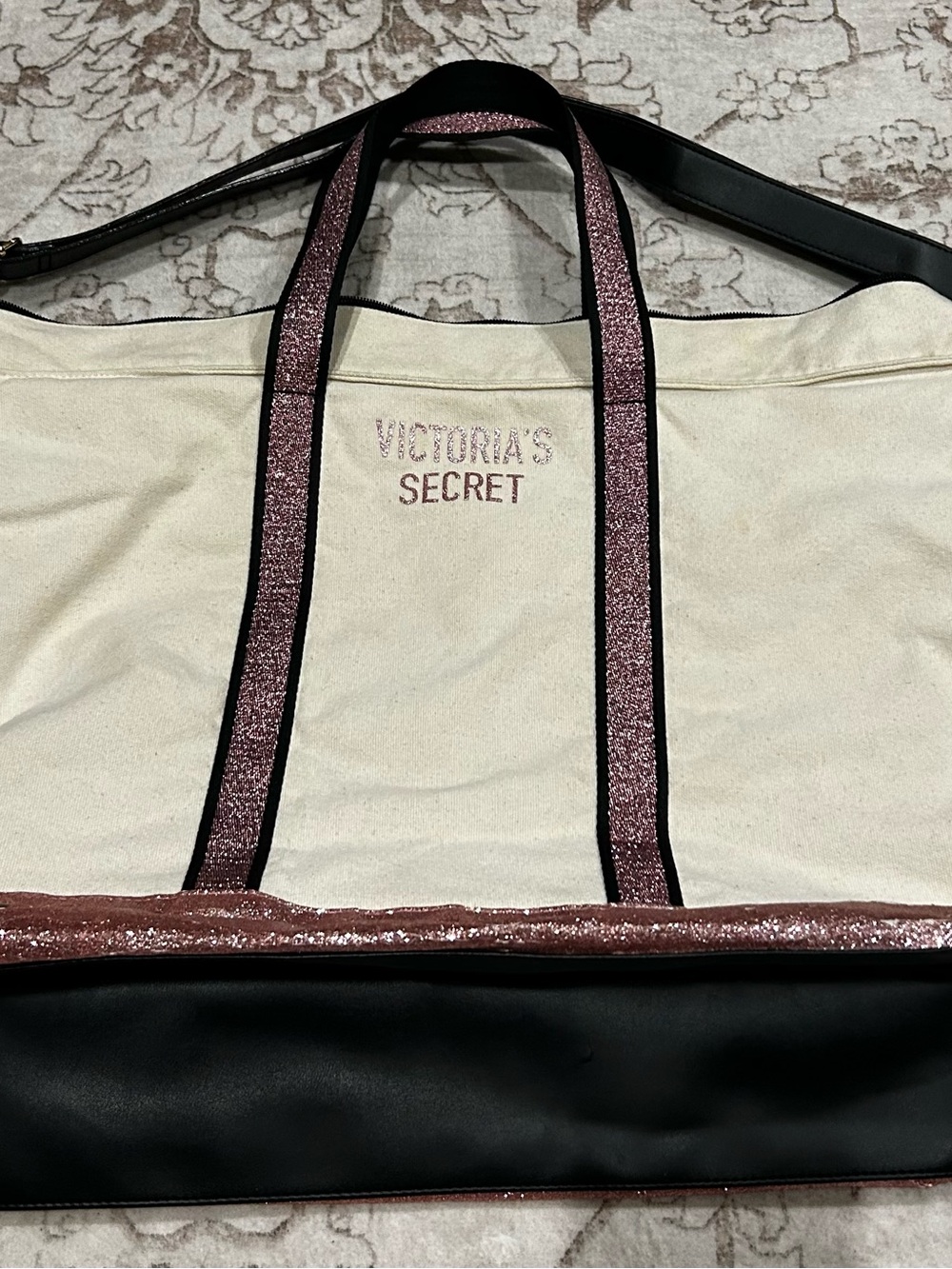 Victoria's Secret Cream Tote with Pink Glitter Trim